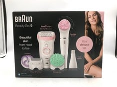 BRAUN BEAUTY SET, EPILATOR FOR HAIR REMOVAL, 7 IN 1, INCLUDES LADY SHAVER, FACE EPILATOR & EXFOLIATOR, GIFTS FOR WOMEN, UK 2 PIN PLUG, 9-985, WHITE/PINK.: LOCATION - TOP 50 RACK