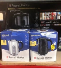 QUANTITY OF KITCHEN & APPLIANCES ITEMS TO INCLUDE RUSSELL HOBBS HONEYCOMB ELECTRIC 1.7L CORDLESS KETTLE (FAST BOIL 3KW, BLACK PREMIUM PLASTIC, MATT & HIGH GLOSS FINISH, REMOVABLE WASHABLE ANTI-SCALE