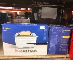 QUANTITY OF KITCHEN & APPLIANCES ITEMS TO INCLUDE RUSSELL HOBBS INSPIRE 2 SLICE TOASTER (EXTRA WIDE SLOTS, HIGH LIFT FEATURE, 6 BROWNING LEVELS, FROZEN/CANCEL/REHEAT FUNCTION WITH BLUE LED ILLUMINATI