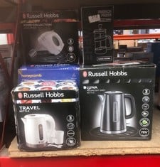 QUANTITY OF KITCHEN & APPLIANCES ITEMS TO INCLUDE RUSSELL HOBBS LUNA GREY STAINLESS STEEL 1.7L CORDLESS ELECTRIC KETTLE (QUIET & FAST BOIL 3KW, REMOVABLE WASHABLE ANTI-SCALE FILTER, EASY PUSH BUTTON