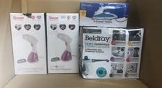 QUANTITY OF KITCHEN & APPLIANCES ITEMS TO INCLUDE SWAN SI12020N HANDHELD GARMENT STEAMER, LIGHTWEIGHT, REMOVABLE FABRIC BRUSH, EXTRA-LONG 1.9M POWER CABLE, 1100W, 250ML WATER TANK,WHITE AND PINK: LOC