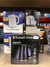 QUANTITY OF KITCHEN & APPLIANCES ITEMS TO INCLUDE RUSSELL HOBBS GROOVE ELECTRIC 1.7L CORDLESS KETTLE (FAST BOIL 3KW, BLACK TEXTURED PLASTIC WITH BRUSHED GOLD ACCENTS, REMOVABLE WASHABLE ANTI-SCALE FI