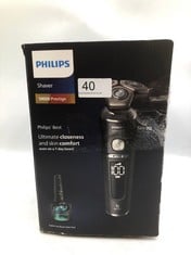 PHILIPS SHAVER SERIES 9000 PRESTIGE, WET AND DRY ELECTRIC SHAVER, BLACK MATTE, LIFT & CUT SHAVING SYSTEM, SKINIQ TECHNOLOGY, BEARD STYLER, CLEANING POD, PREMIUM POUCH, MODEL SP9840/31.: LOCATION - TO