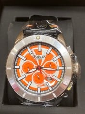 GAMAGES OF LONDON LIMITED BOLD SILVER ORANGE MENS WATCH BLACK LEATHER STRAP: LOCATION - E RACK