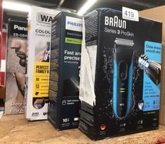 QUANTITY OF HEALTH & BEAUTY ITEMS TO INCLUDE BRAUN SERIES 3 PROSKIN ELECTRIC SHAVER, ELECTRIC RAZOR FOR MEN WITH POP UP PRECISION TRIMMER, BLACK/BLUE RAZOR: LOCATION - E RACK