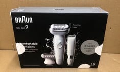 BRAUN SILK-ÉPIL 9, EPILATOR WITH PIVOTING HEAD FOR EASY HAIR REMOVAL, WET & DRY, LASTING SMOOTH SKIN, WITH LADY SHAVER HEAD & TRIMMER COMB, 9-441, WHITE/SILVER.: LOCATION - E RACK