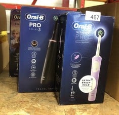 QUANTITY OF HEALTH & BEAUTY ITEMS TO INCLUDE ORAL-B VITALITY PRO ELECTRIC TOOTHBRUSHES FOR ADULTS,1 HANDLE, 2 TOOTHBRUSH HEADS, 3 BRUSHING MODES INCLUDING SENSITIVE PLUS, 2 PIN UK PLUG, PURPLE: LOCAT