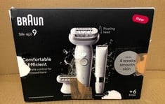 BRAUN SILK-ÉPIL 9, EPILATOR WITH PIVOTING HEAD FOR EASY HAIR REMOVAL, WET & DRY, LASTING SMOOTH SKIN, WITH LADY SHAVER HEAD & TRIMMER COMB, 9-441, WHITE/SILVER.: LOCATION - F RACK