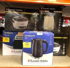 QUANTITY OF KITCHEN & APPLIANCES ITEMS TO INCLUDE RUSSELL HOBBS HONEYCOMB ELECTRIC 1.7L CORDLESS KETTLE (FAST BOIL 3KW, BLACK PREMIUM PLASTIC, MATT & HIGH GLOSS FINISH, REMOVABLE WASHABLE ANTI-SCALE