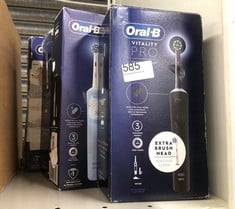 QUANTITY OF KITCHEN & APPLIANCES ITEMS TO INCLUDE ORAL-B VITALITY PRO ELECTRIC TOOTHBRUSHES ADULTS, 1 HANDLE, 2 TOOTHBRUSH HEADS, 3 BRUSHING MODES INCLUDING SENSITIVE PLUS, 2 PIN UK PLUG, BLUE: LOCAT