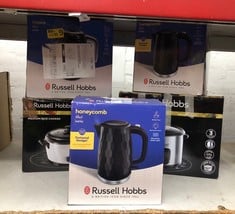 QUANTITY OF KITCHEN & APPLIANCES ITEMS TO INCLUDE RUSSELL HOBBS HONEYCOMB ELECTRIC 1.7L CORDLESS KETTLE (FAST BOIL 3KW, BLACK PREMIUM PLASTIC, MATT & HIGH GLOSS FINISH, REMOVABLE WASHABLE ANTI-SCALE