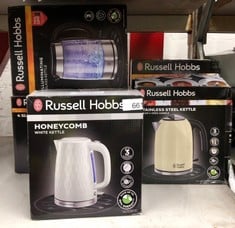 QUANTITY OF KITCHEN & APPLIANCES ITEMS TO INCLUDE RUSSELL HOBBS HONEYCOMB ELECTRIC 1.7L CORDLESS KETTLE (FAST BOIL 3KW, WHITE PREMIUM PLASTIC, MATT & HIGH GLOSS FINISH, REMOVABLE WASHABLE ANTI-SCALE