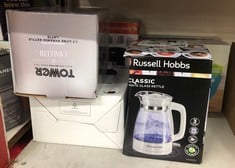 QUANTITY OF KITCHEN & APPLIANCES ITEMS TO INCLUDE RUSSELL HOBBS CARAFE STYLE 1.7L CORDLESS ELECTRIC GLASS KETTLE WITH WHITE HANDLE, LID & BASE AND BLUE INTERNAL ILLUMINATION (FAST BOIL, 3KW, ANTI-SCA