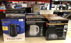 QUANTITY OF KITCHEN & APPLIANCES ITEMS TO INCLUDE RUSSELL HOBBS HONEYCOMB ELECTRIC 1.7L CORDLESS KETTLE (FAST BOIL 3KW, BLACK PREMIUM PLASTIC, MATT & HIGH GLOSS FINISH, REMOVABLE WASHABLE ANTI-SCALE