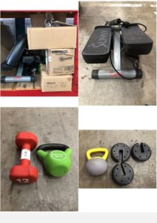 QUANTITY OF ASSORTED FITNESS ITEMS TO INCLUDE 12KG DUMBELL: LOCATION - LEFT RACKS(COLLECTION OR OPTIONAL DELIVERY AVAILABLE)