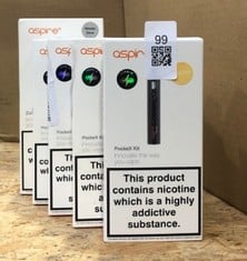 QUANTITY OF ASSORTED VAPES TO INCLUDE ASPIRE POCKET X KIT RRP £125 ID MAY BE REQUIRED - COLLECTION ONLY - LOCATION RIGHT RACK