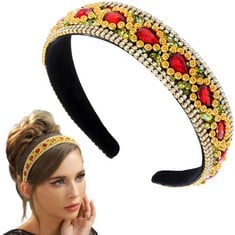 QUANTITY OF FLAYEM RHINESTONE HEADBAND VINTAGE SPARKLY RED CRYSTAL HEADBAND GORGEOUS PADDED WIDE HAIR BAND JEWELRY ACCESSORIES PROM BANQUET HEADWEAR FOR WOMEN AND GIRLS (BLACK VELET NARROW) - TOTAL R