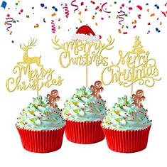 QUANTITY OF XSSTARMI 24 PACK MERRY CHRISTMAS CUPCAKE TOPPERS GLITTER XMAS TREE SANTA HAT DEER MERRY CHRISTMAS CUPCAKE PICKS FOR WINTER CHRISTMAS THEME XMAS HOLIDAY BIRTHDAY PARTY CAKE DECORATION GOLD