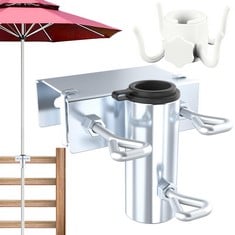 18 X DBPBTOU METAL UMBRELLA STAND, ADJUSTABLE PATIO UMBRELLA HOLDER, PARASOL STAND WITH ATTACHED UMBRELLA HOOK FOR DINING CARTS, BLEACHERS AND RAILINGS (HORIZONTAL) - TOTAL RRP £183: LOCATION - A RAC