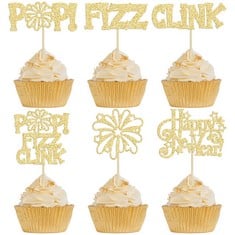 QUANTITY OF 24PCS 2024 HAPPY NEW YEAR CUPCAKE TOPPERS GLITTER WELCOME 2024 FIREWORKS FIZZ POP CLINK CUPCAKE PICK DECORATIONS FOR 2024 HAPPY NEW YEARS EVE PARTY SUPPLIES GOLD - TOTAL RRP £250: LOCATIO