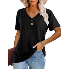 27 X WOMEN CASUAL T SHIRTS V NECK SHORT SLEEVE TSHIRTS SUMMER LOOSE TOPS BASIC PLAIN TEE BLOUSE BASEBALL TSHIRTS TUNIC TOPS SOLID COLOR PULLOVER TEES FOR OUTDOOR SUMMER BLACK - TOTAL RRP £286: LOCATI