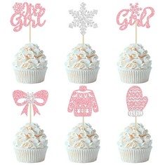 49 X 24PCS SNOWFLAKE IT'S A GIRL CUPCAKE TOPPERS GLITTER GLOVES SWEATER WINTER FROZEN CUPCAKE PICKS WONDERLAND GIRLS BIRTHDAY BABY SHOWER CAKE DECORATIONS PARTY SUPPLIES PINK - TOTAL RRP £245: LOCATI