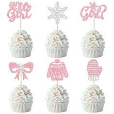 QUANTITY OF 24PCS SNOWFLAKE IT'S A GIRL CUPCAKE TOPPERS GLITTER GLOVES SWEATER WINTER FROZEN CUPCAKE PICKS WONDERLAND GIRLS BIRTHDAY BABY SHOWER CAKE DECORATIONS PARTY SUPPLIES PINK - TOTAL RRP £279: