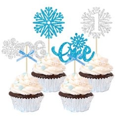 49 X 24PCS SNOWFLAKE ONE CUPCAKE TOPPERS GLITTER SNOWFLAKE FIRST BIRTHDAY CUPCAKE PICKS FOR WINTER ONEDERLAND THEME BABY SHOWER 1ST BIRTHDAY PARTY CAKE DECORATIONS SUPPLIES BLUE - TOTAL RRP £245: LOC