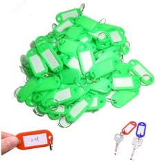 QUANTITY OF ASSORTED ITEMS TO INCLUDE KEY TAGS PLASTIC KEY TAGS KEY ID TAGS KEY LABELS TAGS WITH SPLIT RINGS FOR BAGGAGE KEY CHAINS KEY RINGS(50PCS GREEN): LOCATION - A RACK