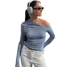 9 X WOMEN ONE SHOULDER LONG SLEEVE TOP Y2K SEXY T-SHIRT BASIC SLIM FIT SOLID COLOR GOING OUT BLOUSE PLAIN SHIRTS OUTFIT CLUB PARTY AESTHETIC STREETWEAR GRAY-BLUE - TOTAL RRP £158: LOCATION - A RACK