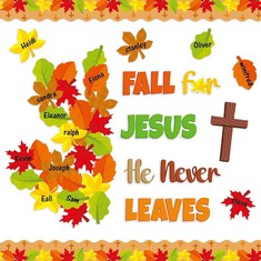 38 X BEYUMI 94PCS FALL FOR JESUS HE NEVER LEAVES PAPER CUTOUT SET CHRISTIAN AUTUMN MAPLE LEAVES NAME TAGS FAITH RELIGIOUS BOARDER TRIM CUTOUTS SUNDAY CHURCH SCHOOL CLASSROOM BLACKBOARD WALL DOOR DECO