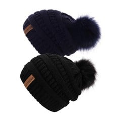 14 X QUEENFUR WOMEN KNIT SLOUCHY BEANIE CHUNKY BAGGY HAT WITH FAUX FUR POMPOM WINTER SOFT WARM SKI CAP, BLACK/NAVY 2PACK, L - TOTAL RRP £178: LOCATION - C RACK