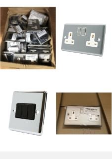 QUANTITY OF ASSORTED ITEMS TO INCLUDE AET CPC3GSWIBL POLISHED CHROME CLASSICAL BLACK INSERT PLASTIC ROCKER SWITCHES-10 AMP TRIPLE 3 GANG 2 WAY LIGHT SWITCH: LOCATION - A RACK