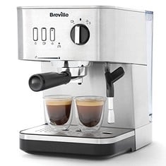 BREVILLE BIJOU ESPRESSO MACHINE | AUTOMATIC AND MANUAL ESPRESSO, CAPPUCCINO & LATTE MAKER | 15 BAR PUMP | STEAM WAND | SILVER [VCF149]. RRP £112: LOCATION - H RACK