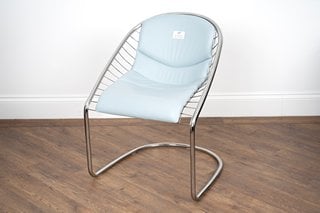 MINOTTI LONDON CORTINA DINING CHAIR IN LIGHT BLUE LEATHER WITH CHROME METAL LEGS (DIMENSIONS: 60CM X 60CM X 79.5CM H) - RRP £2,402 - 100% ITALIAN FURNITURE, MADE BY SKILLED ARTISAN CRAFTSMEN. MINOTTI