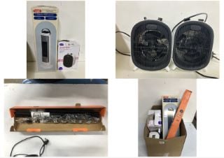 BOX OF ITEMS TO INC LOGIK CERAMIC TOWER HEATER