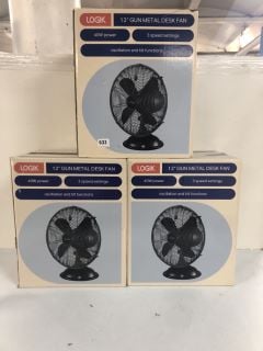 3 X LOGIK 12" GUN METAL DESK FANS