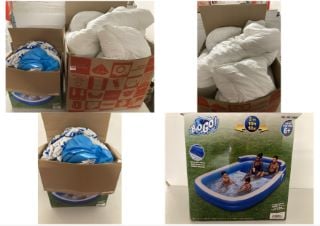 LARGE BOX OF SOFT FURNISHINGS TO INCLUDE DUVET & H2O GO 3M OUTDOOR PADDLING POOL