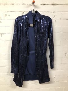 WOMEN'S DESIGNER SEQUIN BUTTONED SHIRT JACKET IN MIDNIGHT BLUE - SIZE S - RRP $168