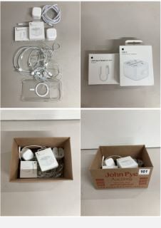 BOX OF APPLE CHARGING CABLES AND POWER ADAPTERS