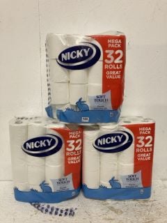 3 X NICKY MEGA PACK 32 ROLLS SOFT TOUCH TOILET TISSUE