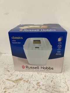 RUSSELL HOBBS ELECTRIC BREAD MAKER, 12 PROGRAM SETTINGS INC GLUTEN FREE, 3 CRUST SETTINGS, 13H TIMER, 2 BREAD SIZES 750G & 1KG, VIEWING WINDOW, AUTO 1HR KEEP WARM FUNCTION, 550W, WHITE, 27260