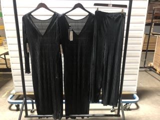 2 X JQ LABEL GRACE MAXI BLACK PLEATED DRESSES (SIZE 12) AND JQ LABEL GRACE MAXI PLEATED BLACK LEGGINGS (SIZE 10)