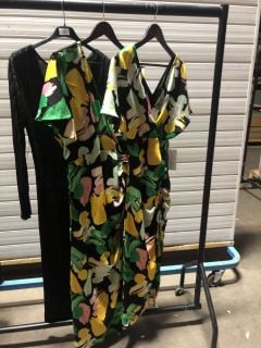 2 X GIRL IN MIND PRISCILLA FLORAL PRINT WRAP OVER RUCHED DETAIL MIDI DRESS (SIZE 8 AND 18) AND JQ GRACE MAXI DRESS IN BLACK SIZE 8