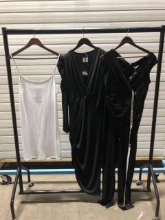 1X GODDIVA CRYSHELL JUMPSUIT BLACK SEQUIN SIZE 14 1X EB & IVE BASIC SLIP WHITE TEE SIZE SMALL/MEDIUM 1X JQ LABEL LAYLA MIDI DRESS BLACK SIZE 12