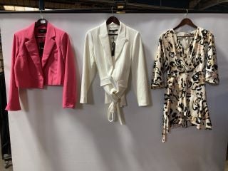 ATTENTIF CROPPED FUCHSIA BLAZER (SIZE 40) FRENCH CONNECTION AB WHISPER BELTED BLAZER SUMMER WHITE (SIZE 8) GIRL IN MIND ELSIE CREAM ANIMAL PRINT WRAP OVER MINI DRESS (SIZE 8)