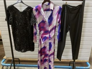 BIJOU BLACK SEQUIN MUSE DRESS SIZE 10 TO INCLUDE JENERIQUE SHIRT WRAP MIDI DRESS PURPLE VIOLET SIZE 10 AND B LABEL FAUX LEATHER LEGGINGS SIZE M