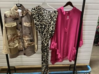 LUCIA RUFFLE TUNIC FUSCHIA SIZE 10 TO INCLUDE MARRAKECH LEOPARD JUMP SUIT SIZE 8 AND NU DENMARK THORA SEASAND JACKET SIZE 8