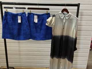 X 2 FRENCH CONNECTION AZZURRA TWEED MINI SKIRT BLUE SIZE 8 AND 10 TO INCLUDE NU DENMARK TINA TUNIC TIE DYE SIZE 8