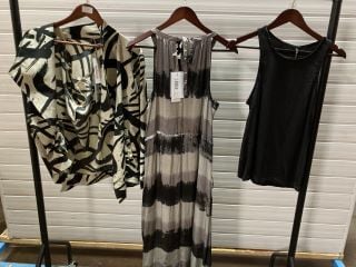 RELIGION FIX DYNAMIC TAUPE JACKET SIZE 8 TO INCLUDE RELIGION HIDDEN MAXI DRESS BLACK AND GREY SIZE 10 AND RELIGION WONDER TOP BLACK SIZE 10